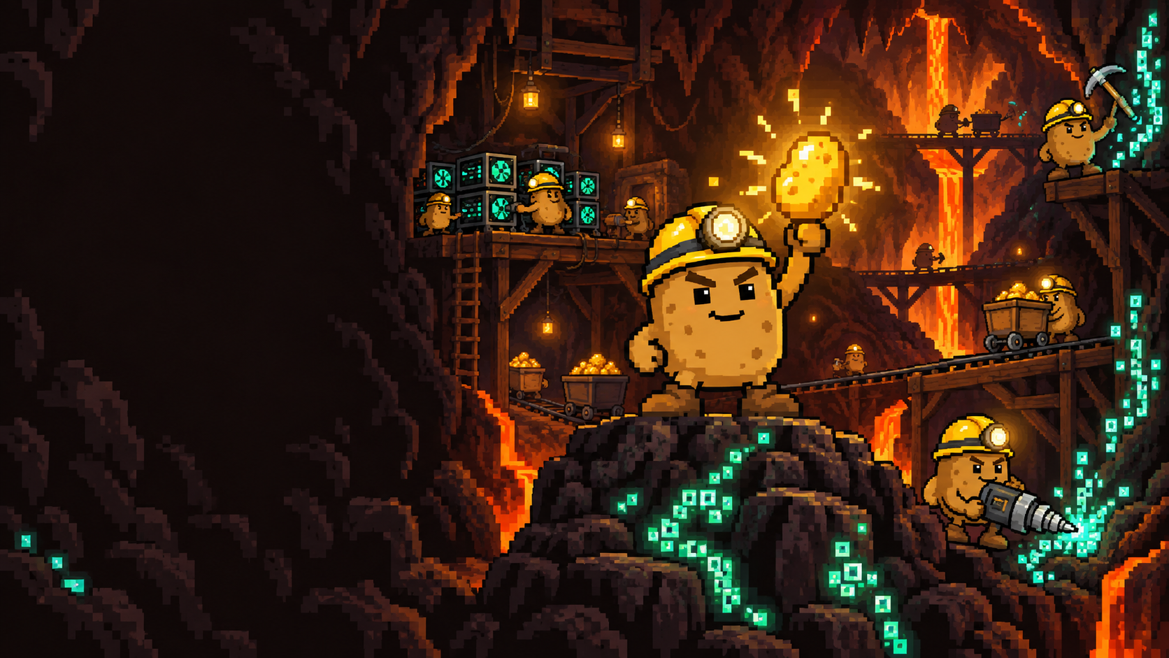 Potato miners in a glowing underground mine